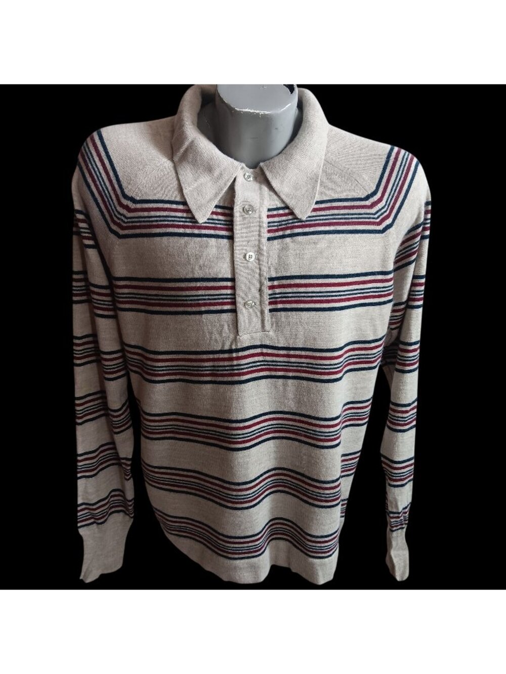 Men's Large Pullover Sweater Vintage Lord Jeff Beige Red Blue Stripes 1970's